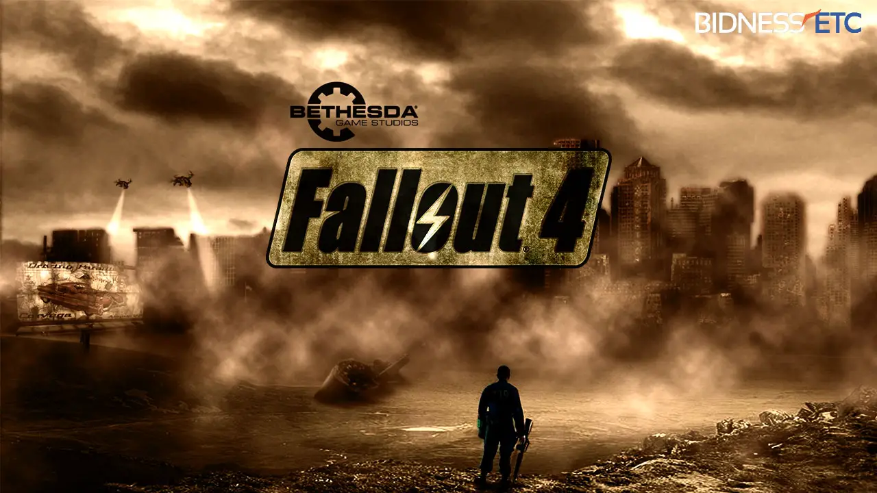 Official artwork for Fallout 4 shows a man standing in post-apocalyptic dust storm