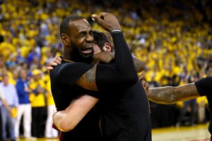 Lebron embracing Kevin Love