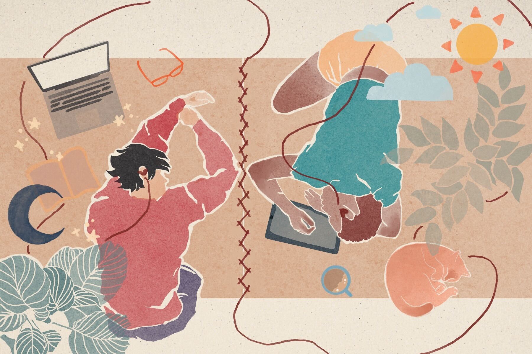 in an article about long distance relationships, an illustration of two people on the floor