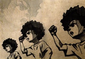 The racially charged issues discussed in "The Boondocks" are still relevant today. (Image via Junkie Monkeys)