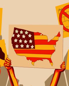 Illustration of immigration rights advocate holding up a sign of the continental United States colored in with the American flag, by Andrew Moghab