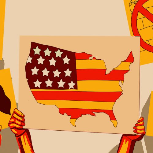 Illustration of immigration rights advocate holding up a sign of the continental United States colored in with the American flag, by Andrew Moghab