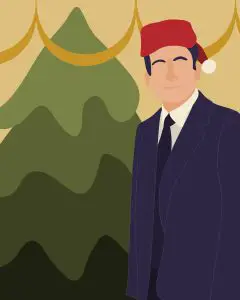 An illustration by Natasha McDonald of an abstracted Michael Scott of 'The Office' by a Christmas tree.