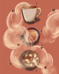 An illustration of different Starbucks drinks by Alice Yuan