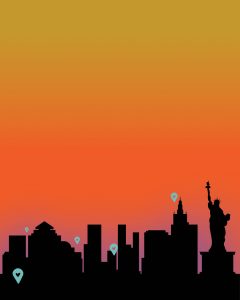 An illustration of New York City at sunset, by Natasha McDonald