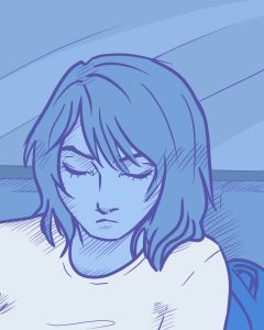 Illustration of someone depressed on a bus, with heavy use of blue, by Amanda Morgan