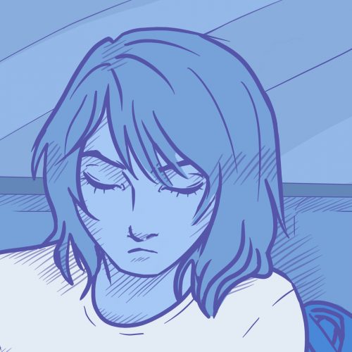 Illustration of someone depressed on a bus, with heavy use of blue, by Amanda Morgan
