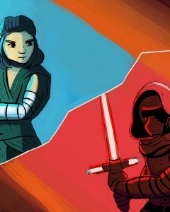 An illustration by Andrew Moghab of Kylo Ren and Rey from Star Wars having a lightsaber duel