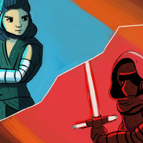 An illustration by Andrew Moghab of Kylo Ren and Rey from Star Wars having a lightsaber duel