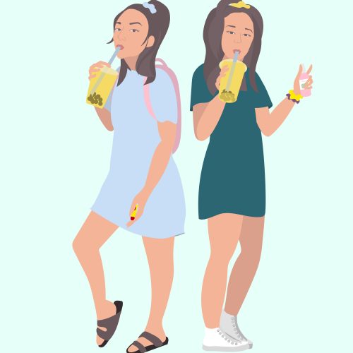 Illustration by Natasha McDonald of two VSCO girls