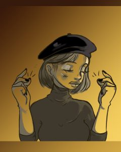 An illustration by Ashawna Linyard of a beret-clad poet