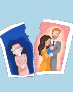 Illustration by Ashawna Linyard of a photo ripped in half, with the Queen of England on one side, and Prince Harry and Meghan Markle on the other.