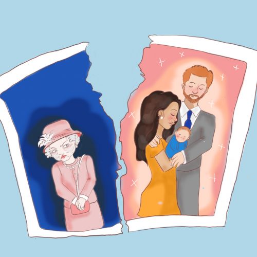 Illustration by Ashawna Linyard of a photo ripped in half, with the Queen of England on one side, and Prince Harry and Meghan Markle on the other.