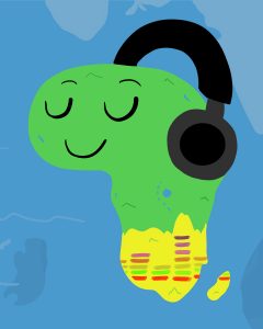 Illustration by Andrew Moghab of a cartoon continent of South Africa with headphones on