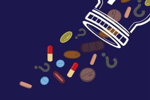 Illustration of supplements falling out of a bottle