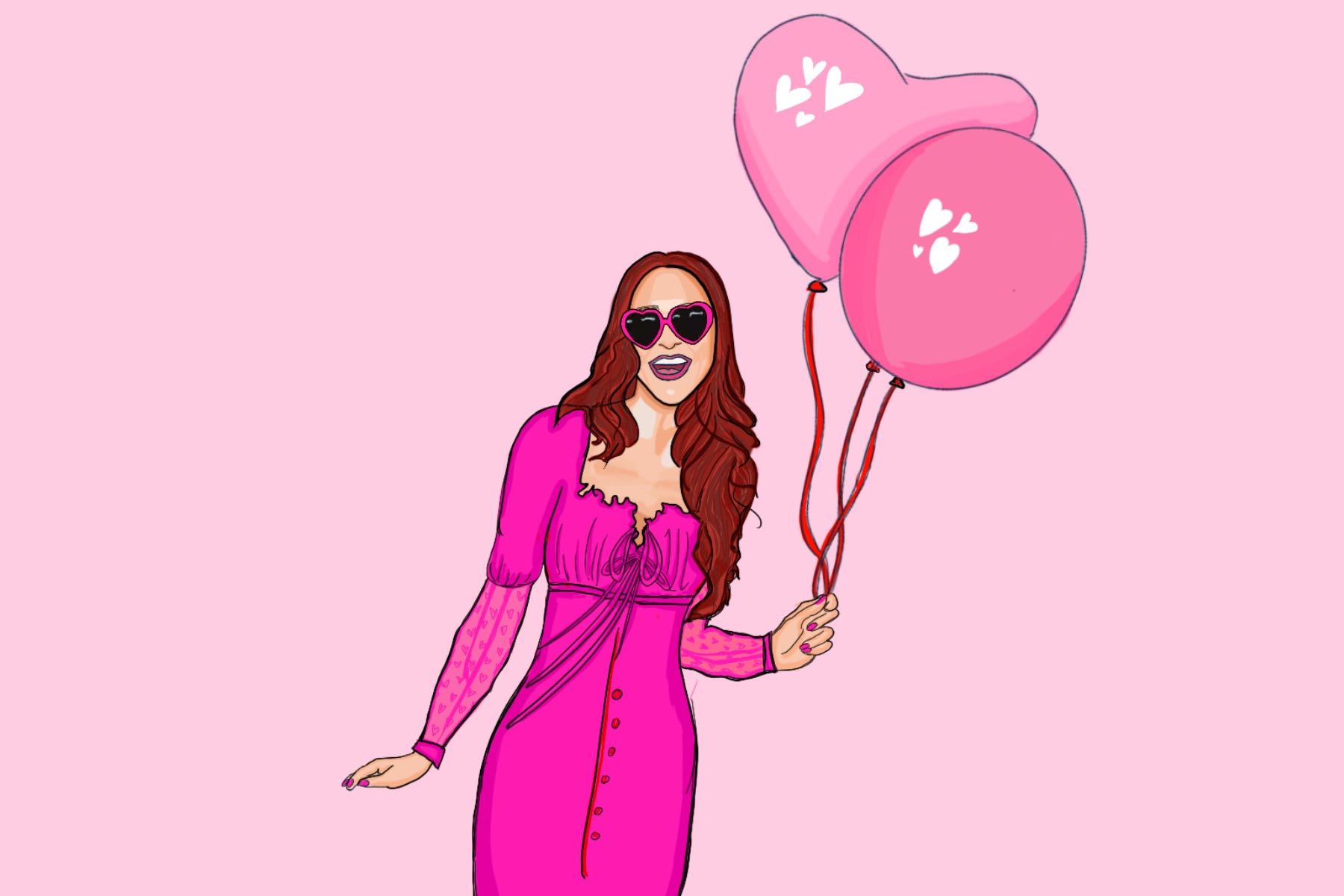 Illustration of woman with pink Galentine's Day balloons