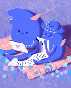 Illustration by Yao Jian on three blue creatures reading on a laptop and a long scroll