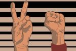 In an article about the show The Boondocks, an illustration of a raised fist and a hand doing a peace sign