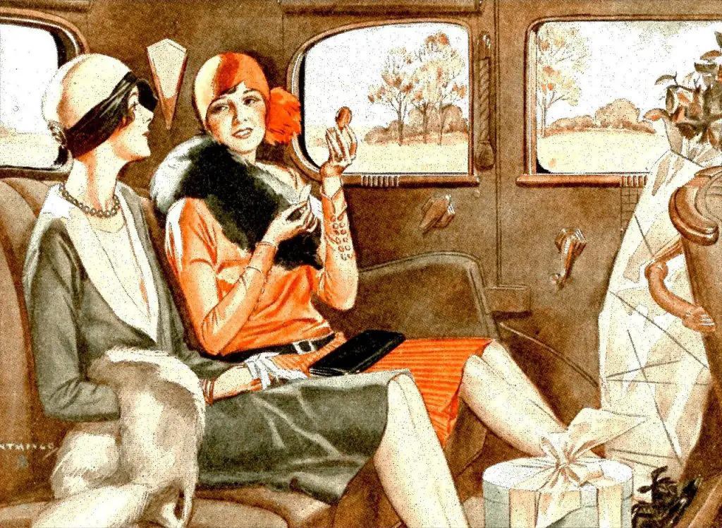 In an article about modern fashion, an illustration of two flappers in the back of an automobile