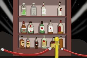 Illustration of bottles of alcohol on bar shelves