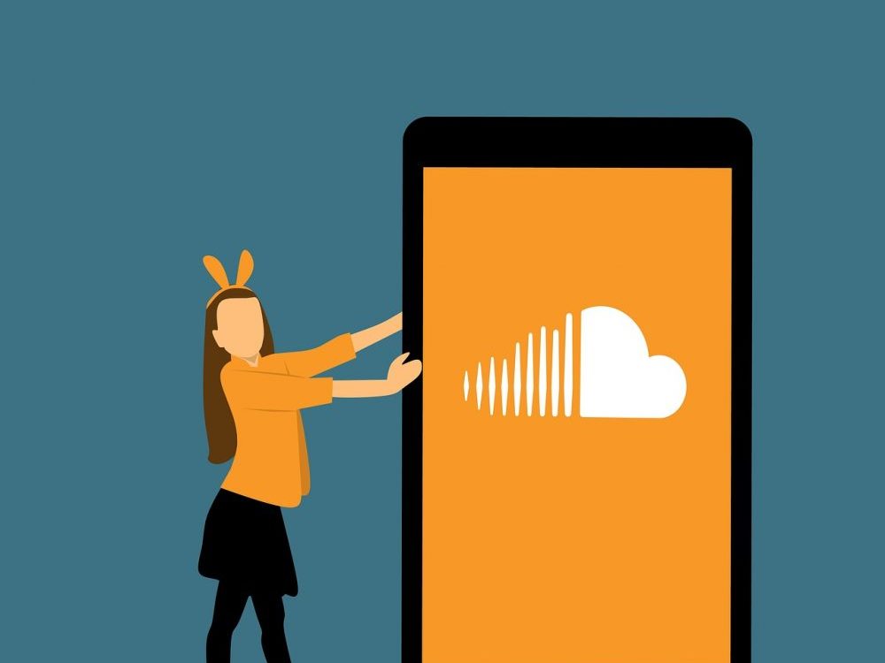 Cartoon girl standing against a phone with the SoundCloud logo