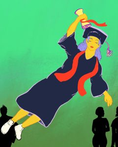 Illustration by Enacio Diaz of someone wearing a graduation cap and gown flying away