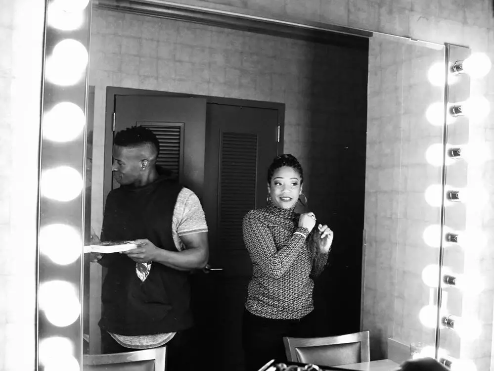 A behind the scenes photo from She Ready tour of Tiffany Haddish, seen here with fellow comedian Godfrey