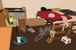 Illustration by Maya Vargas of several pets in a dorm room