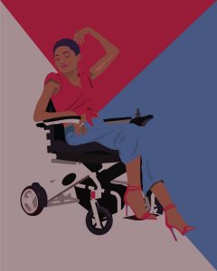 Illustration by Maya Vargas of a woman in a wheelchair