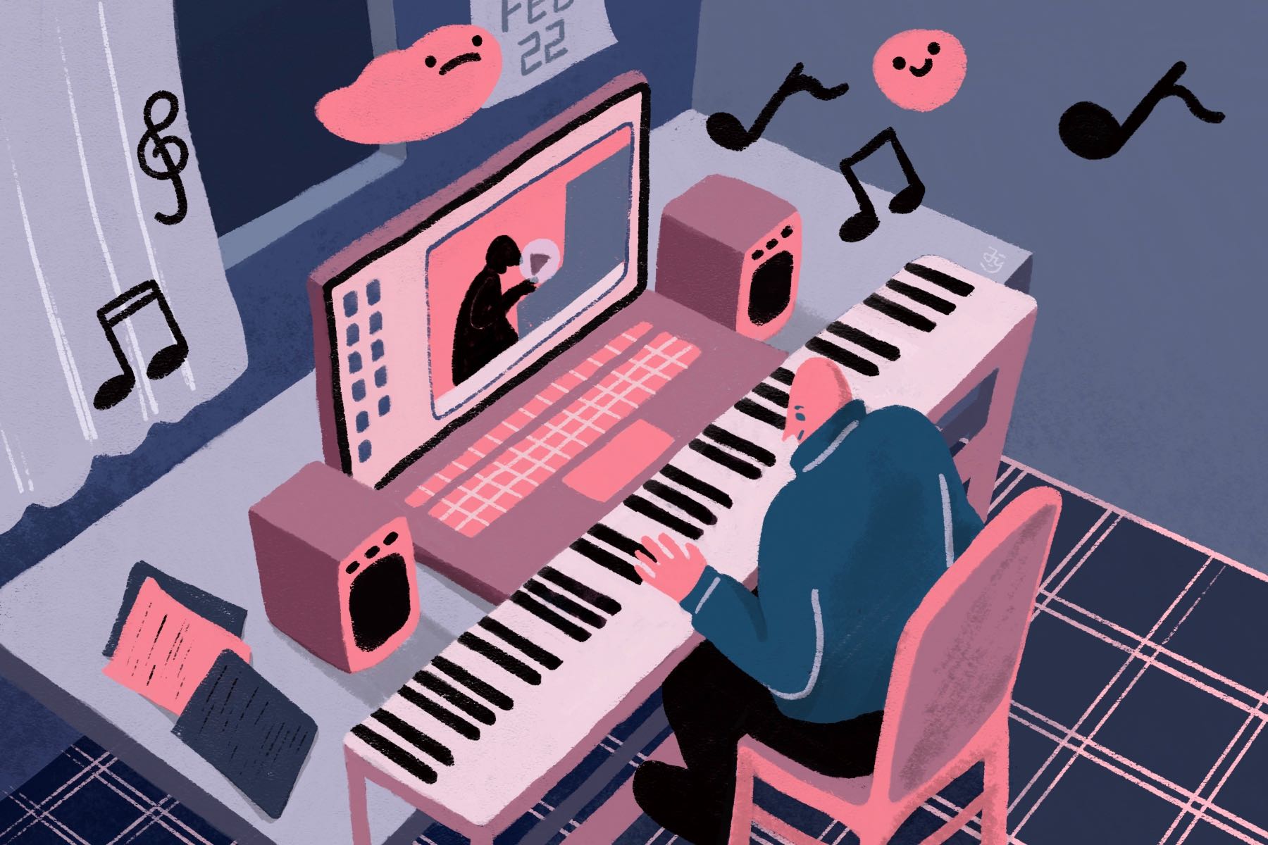 An illustration of a pianist practicing his instrument