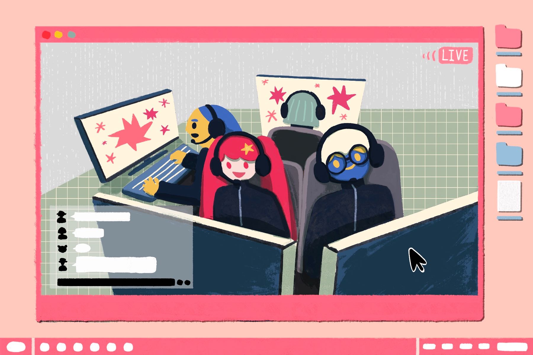 Illustration by Yao Jian of four people playing esports on large computer screens