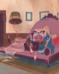 Illustration by Francesca Mahaney of an older woman on a couch watching videos on an iPad, snuggled next to two dogs