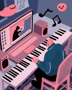 Illustration by Yao Jian of a person playing a keyboard in front of a computer with a tutorial on