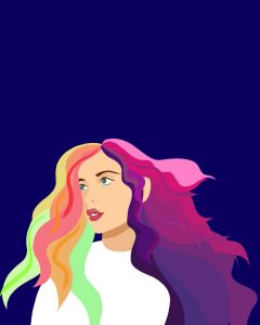 Illustration by Sarah Yu of a woman with a multicolored wig