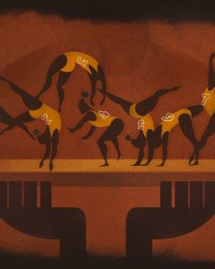 Illustration by Francesca Mahaney of six gymnasts