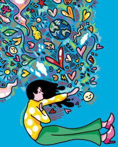 Illustration by Sarah Yu of woman in front of abstract symbols connoting peace