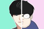 Discussing the webtoon "Lookism," the image displays a man's face split down the middle: one half beautiful and the other what would be considered ugly in South Korea.