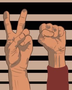 Illustration by Drew Parrot of raised fists from animated sitcom The Boondocks