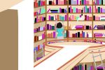 An article discussing the importance of viewing cinema as art, Kanopy is a digital library giving access to users to a variety of films as seen in the illustration above depicting a women browsing library shelves.