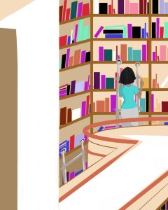 Illustration by Elizabeth Wong of someone in front of bookshelves in a university library