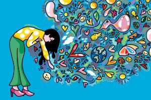 Tackling the realities of compassion fatigue in the 21st century, this illustration of a girl reaching out to an overwhelming wave of social issues.