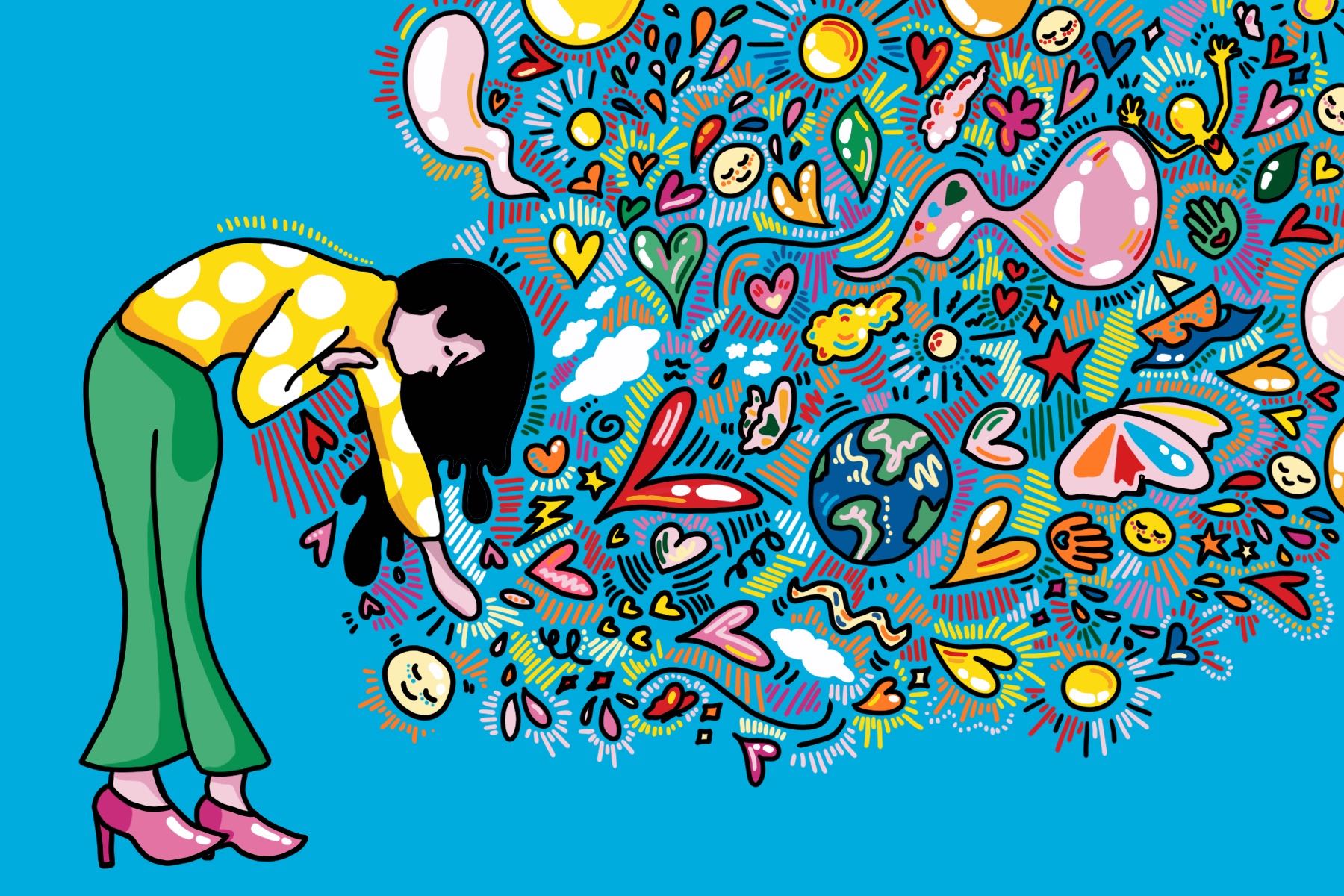 Tackling the realities of compassion fatigue in the 21st century, this illustration of a girl reaching out to an overwhelming wave of social issues.