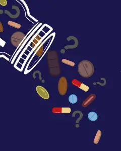 Illustration by Drew Parrot of assorted pills spilling out of a clear prescription bottle