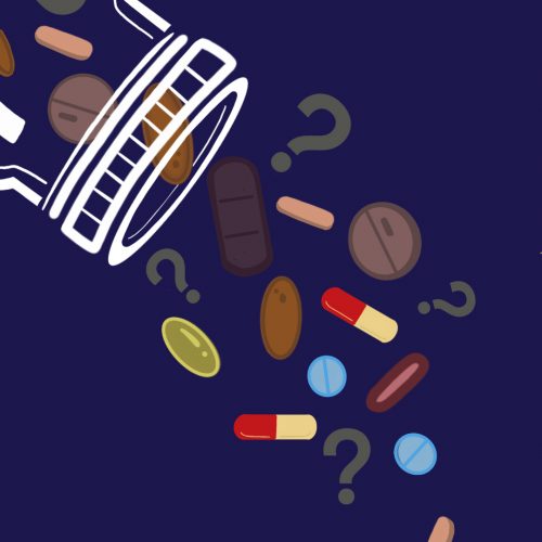 Illustration by Drew Parrot of assorted pills spilling out of a clear prescription bottle