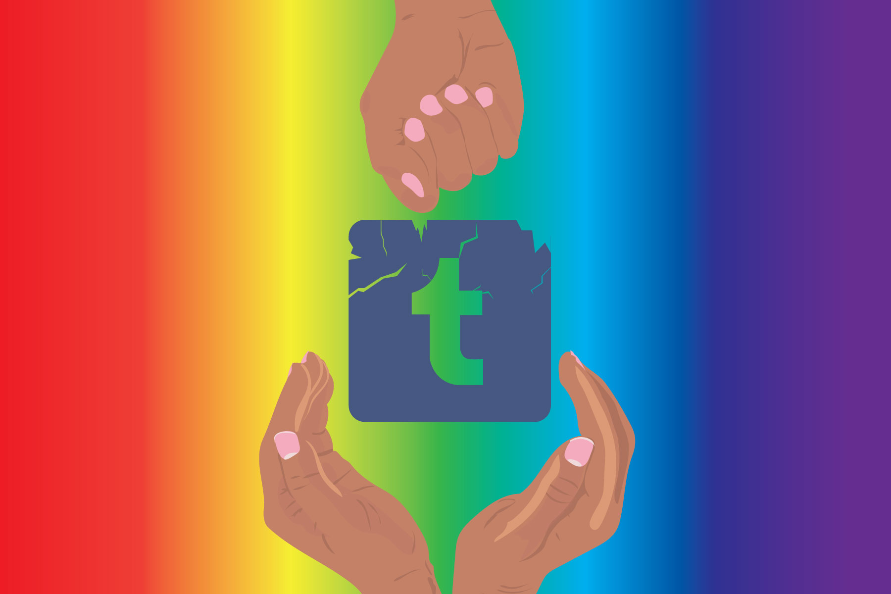 In an article discussing how Tumblr single-handledy both harmed and uplifted a community of LGBT+ individuals, the Tumblr icon is seen displayed against a rainbow back drop with open palms below it and a fist above the icon.
