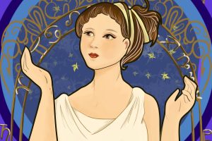 Illustration by Elizabeth Wong of a woman in a toga with a crown with signs of the Zodiac in an article about COVID-19