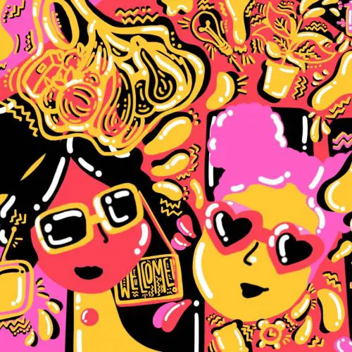 Illustration by Sarah Yu of two faces in sunglasses in an article about living with your best friend