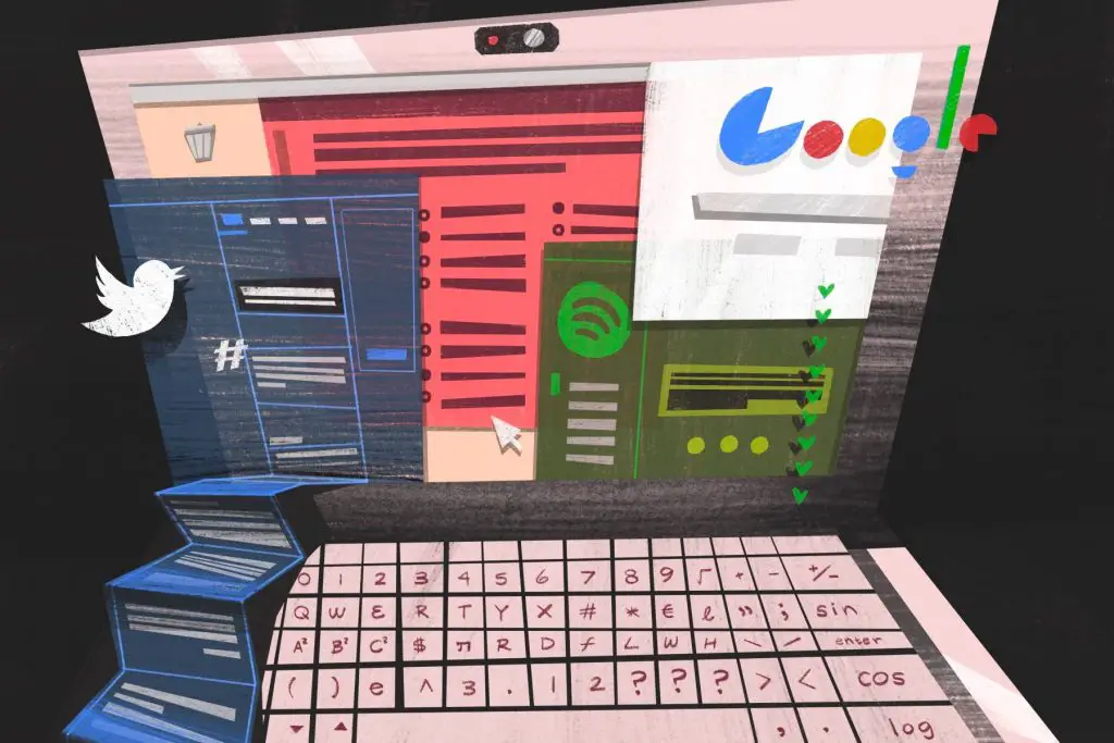 An illustration by Francesca Mahaney of a laptop screen filled with apps in an article about online exams