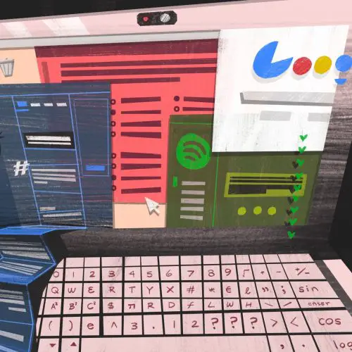 An illustration by Francesca Mahaney of a laptop screen filled with apps in an article about online exams
