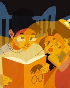 Illustration by Francesca Mahaney of an adult reading a Harry Potter book next to a sleeping child